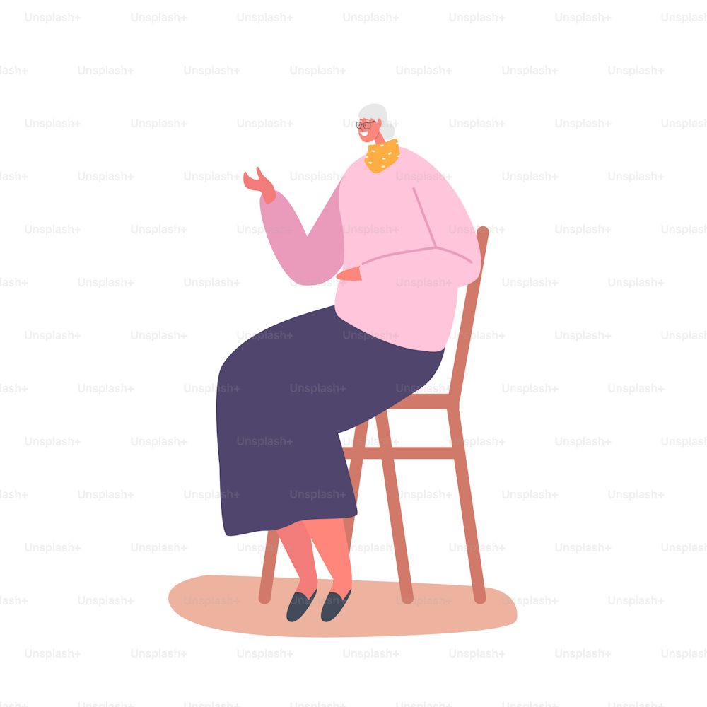 Dame souriante senior assise sur une chaise à la maison, personnage féminin âgé ayant des loisirs, du temps libre, se relaxant ou bavardant avec un ami isolé sur fond blanc. Illustration vectorielle de personnes de dessins animés