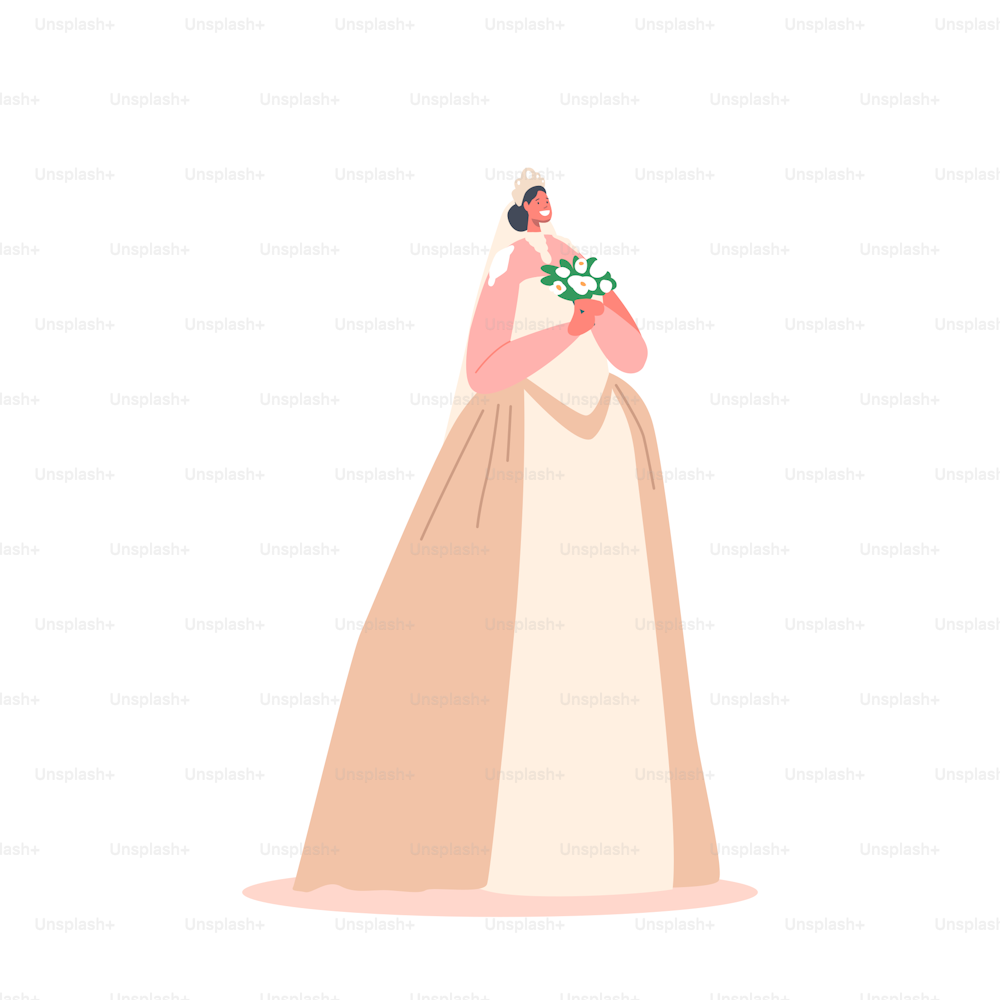 白い背景に長いドレスとティアラを持つ花束を持つ幸せなアラブの花嫁のキャラクター。イスラムの結婚式、結婚、ブライダルプロセス、アラビア語のイスラム教徒の新婚。漫画のベクターイラスト