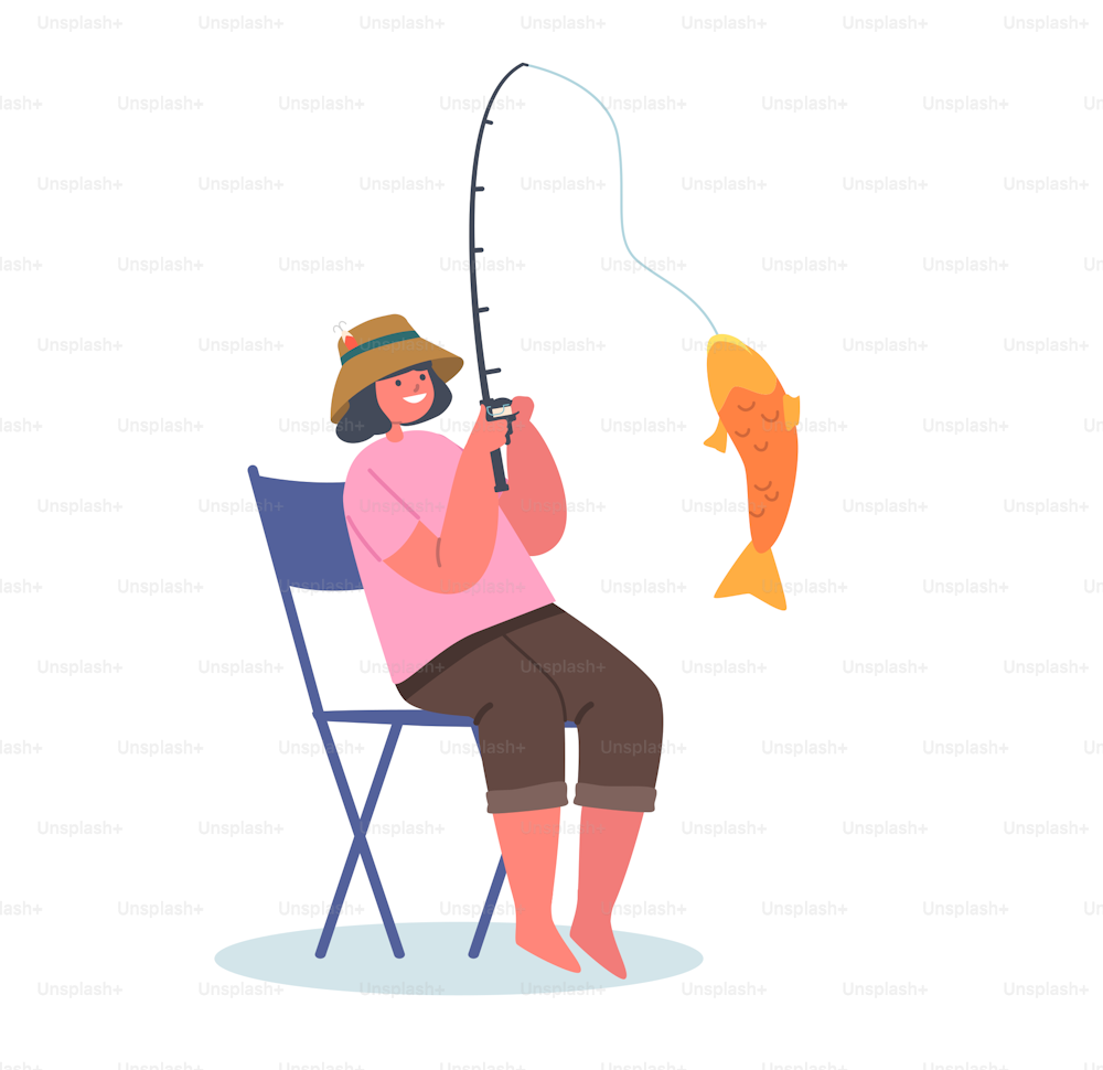 Little Girl Pulling Big Fish Sitting on Chair Isolated on White Background, Child Fisherman Having Fun on Pond Fishing with Rod. Kid Character Summer Vacation Hobby. Cartoon People Vector Illustration