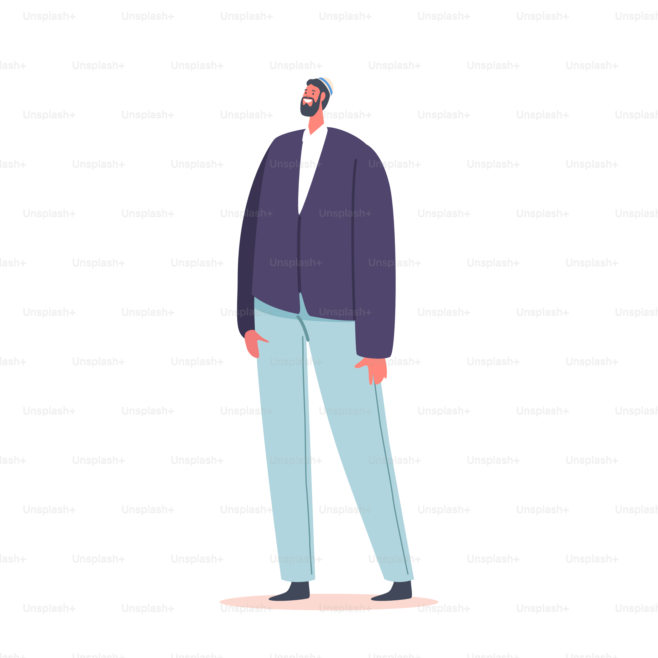 Mature Jewish Man Isolated on White Background. Smiling Jew wear National Kippah Hat and Casual Clothes, Orthodox Jewish Male Character with Beard, Israel Personage. Cartoon Vector Illustration