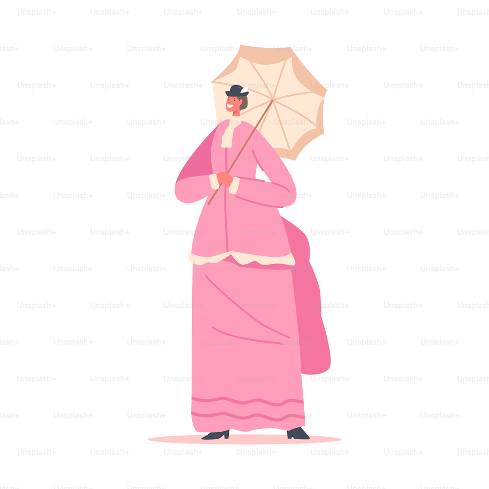 Hermosa dama del siglo 19, mujer victoriana inglesa o francesa con elegante vestido, paraguas y sombrero aislados sobre fondo blanco. Carácter femenino de moda antigua. Ilustración vectorial de Cartoon People