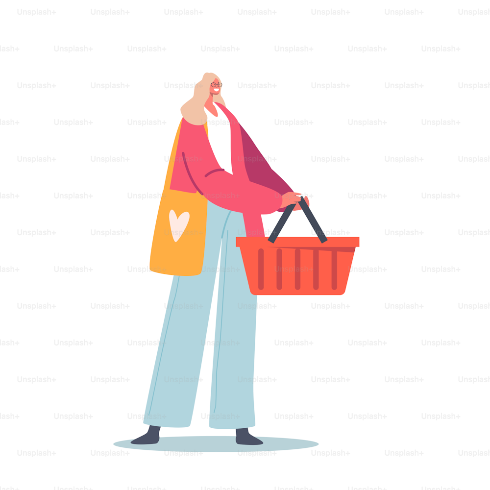 Happy Woman Holding Shopping Cart, Cheerful Female Character, Shopaholic Girl with Purchases. Buyer Having Fun Doing Shopping during Seasonal Sale, Discount. Cartoon People Vector Illustration