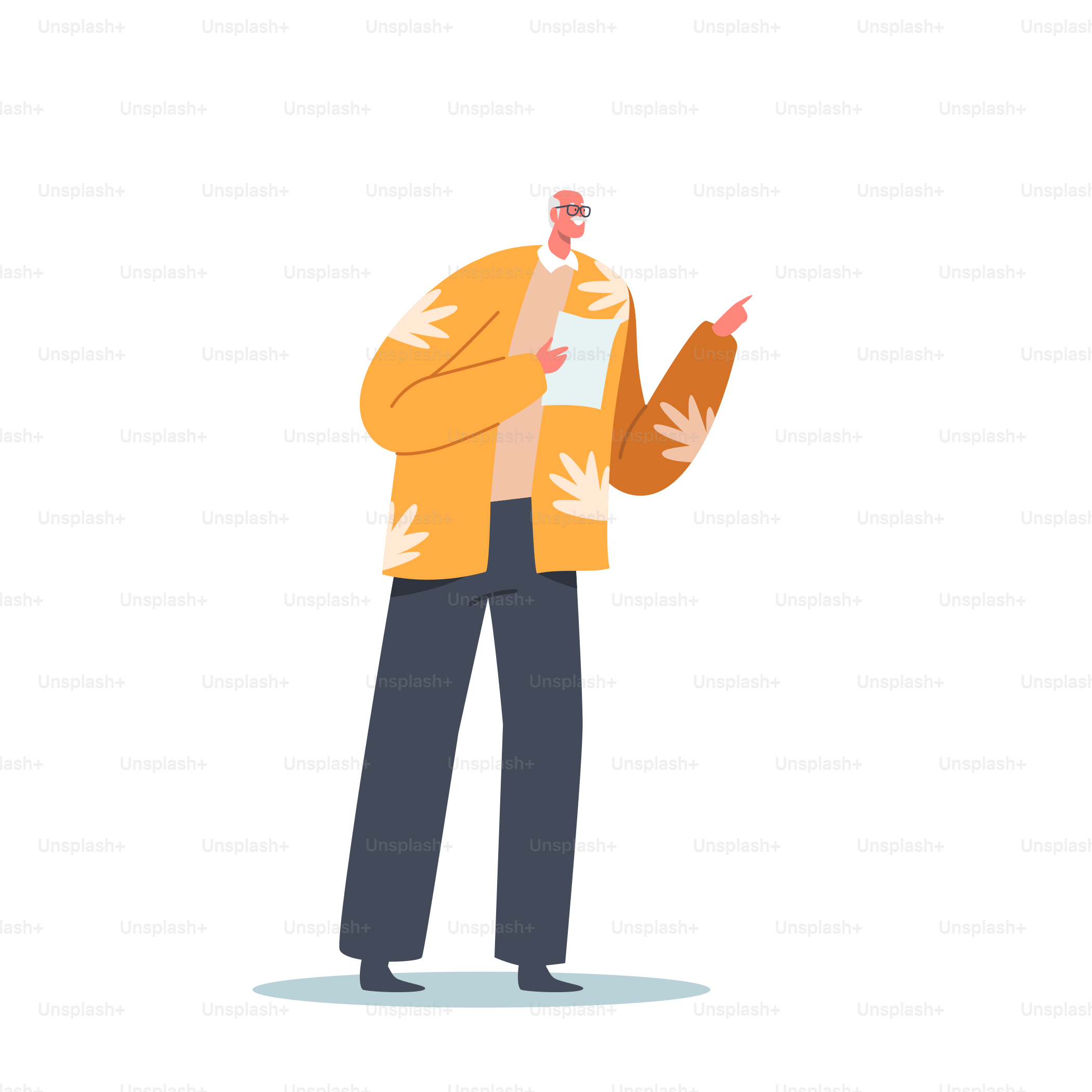 Mature Positive Man with Shopping List in Hands. Grandfather, Senior Male Character Isolated on White Background. Single Aged Happy Person Wear Summer Clothes. Cartoon People Vector Illustration