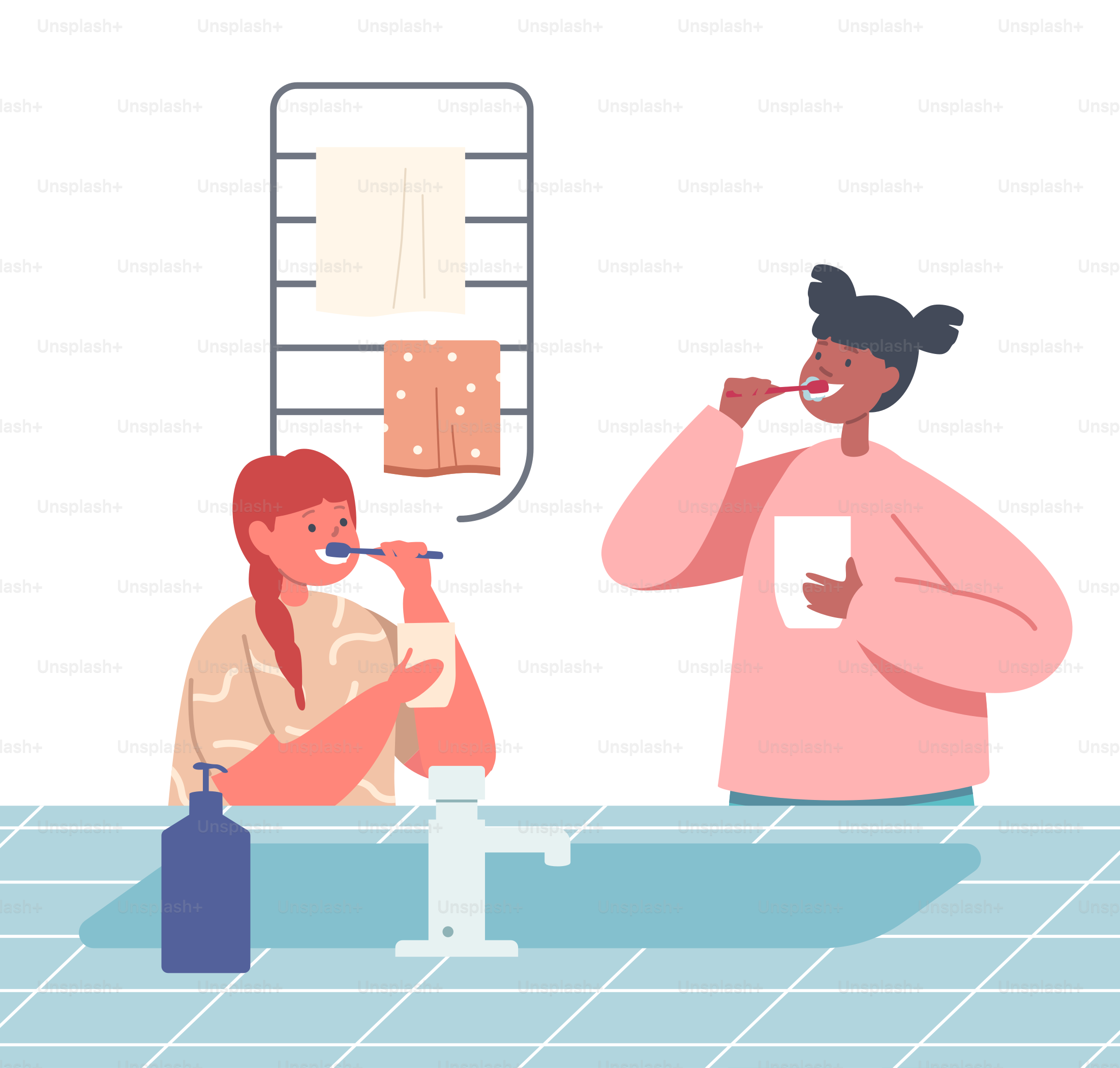 Kids Brushing Teeth, Happy Sisters Family Characters with Toothbrush and Paste Dental Hygiene Procedure, Morning Routine, Children Oral and Health Care. Cartoon People Vector Illustration