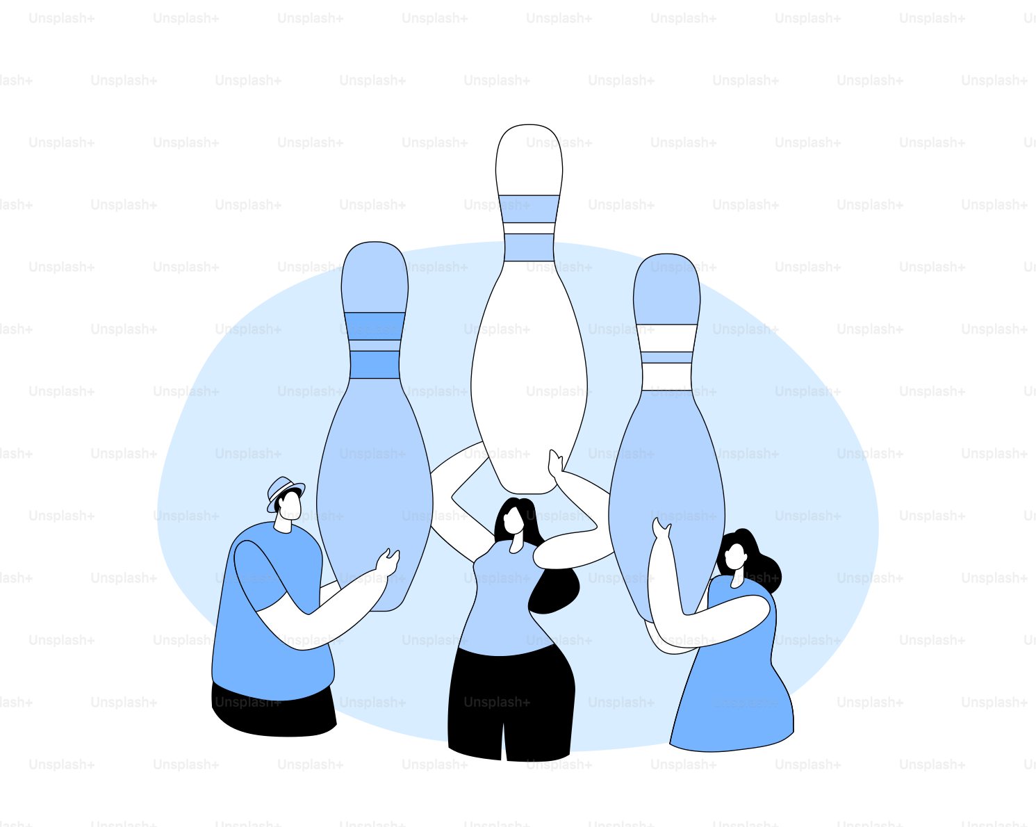 Happy Friends Playing Bowling Concept. Tiny People Holding Huge Pins for Game. Leisure, Active Lifestyle, Characters Spend Time Together on Weekend, Sparetime. Line Art Flat Vector Illustration