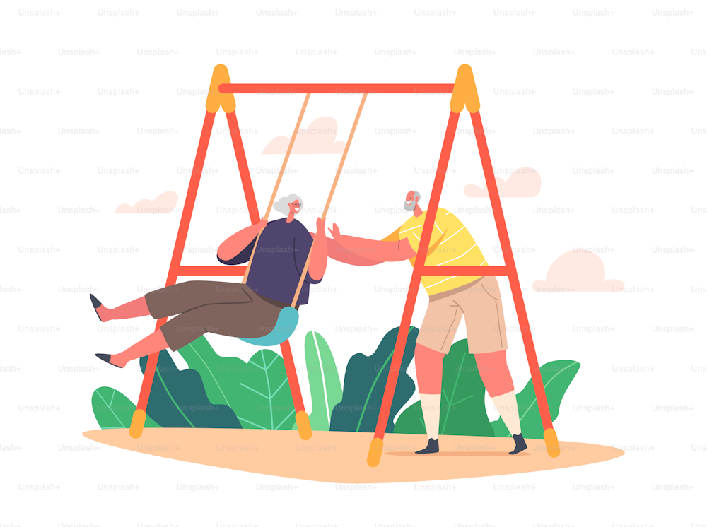 Funny Pensioners Swinging on Teeter-totter, Elderly Characters Playing and Fun Together. Old Loving Couple Outdoor Fun, Carefree Retirement, Freedom Concept. Cartoon People Vector Illustration