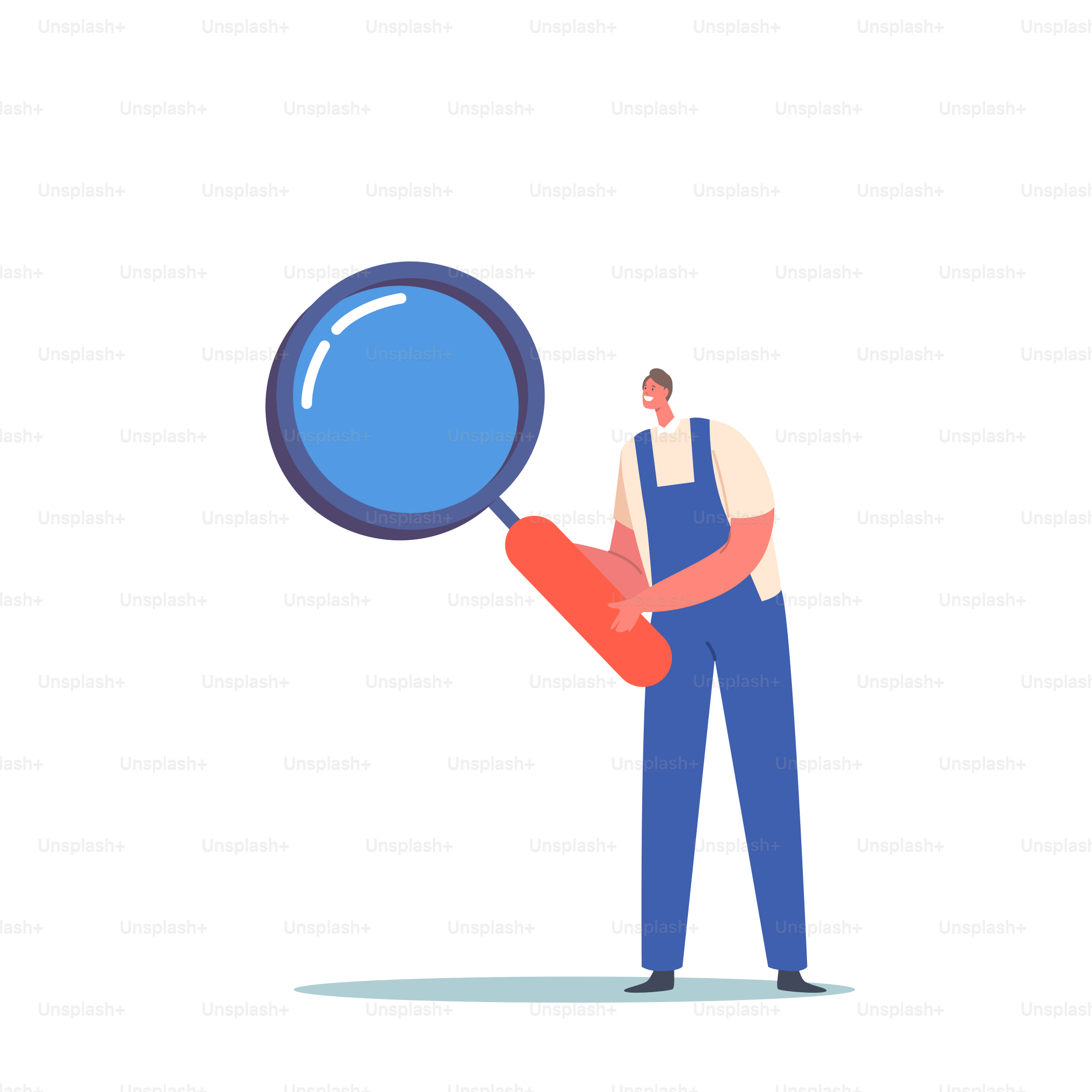 Tiny Male Character Wear Worker Overalls Holding Huge Magnifying Glass Isolated on White Background. Information Research, Technical Support or Maintenance Concept. Cartoon People Vector Illustration