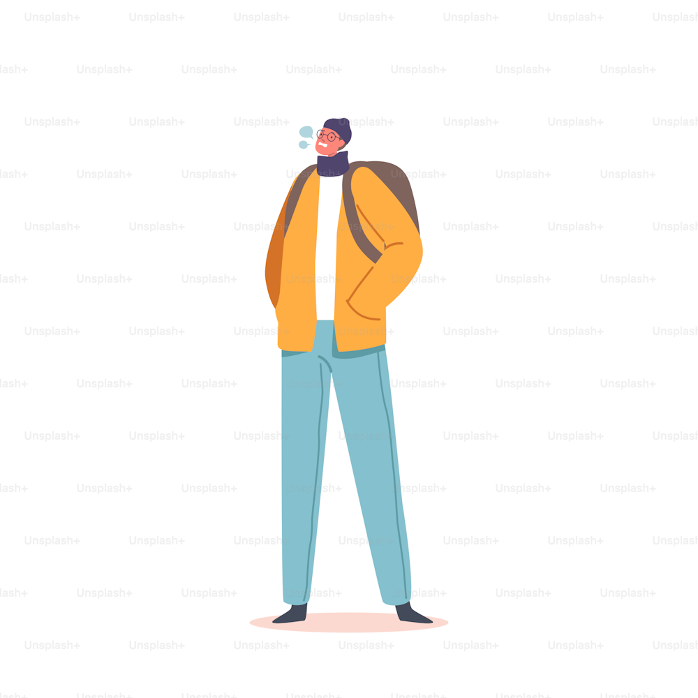 Cold Weather Concept. Freezing Male Character Wear Warm Winter Clothes and Hat Stand with hand in Pockets Trying to Warm. Low Minus Degrees Temperature, Wintertime Freeze. Cartoon Vector Illustration