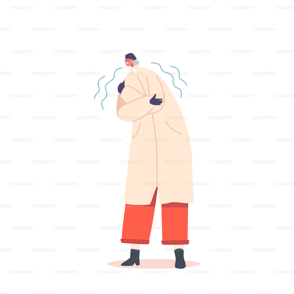 暖かい冬服に包まれた年配の凍える女性キャラクター、マイナス度の気温で震える帽子と手袋。寒い天候、凍結、凍りつくような天気。漫画のベクターイラスト