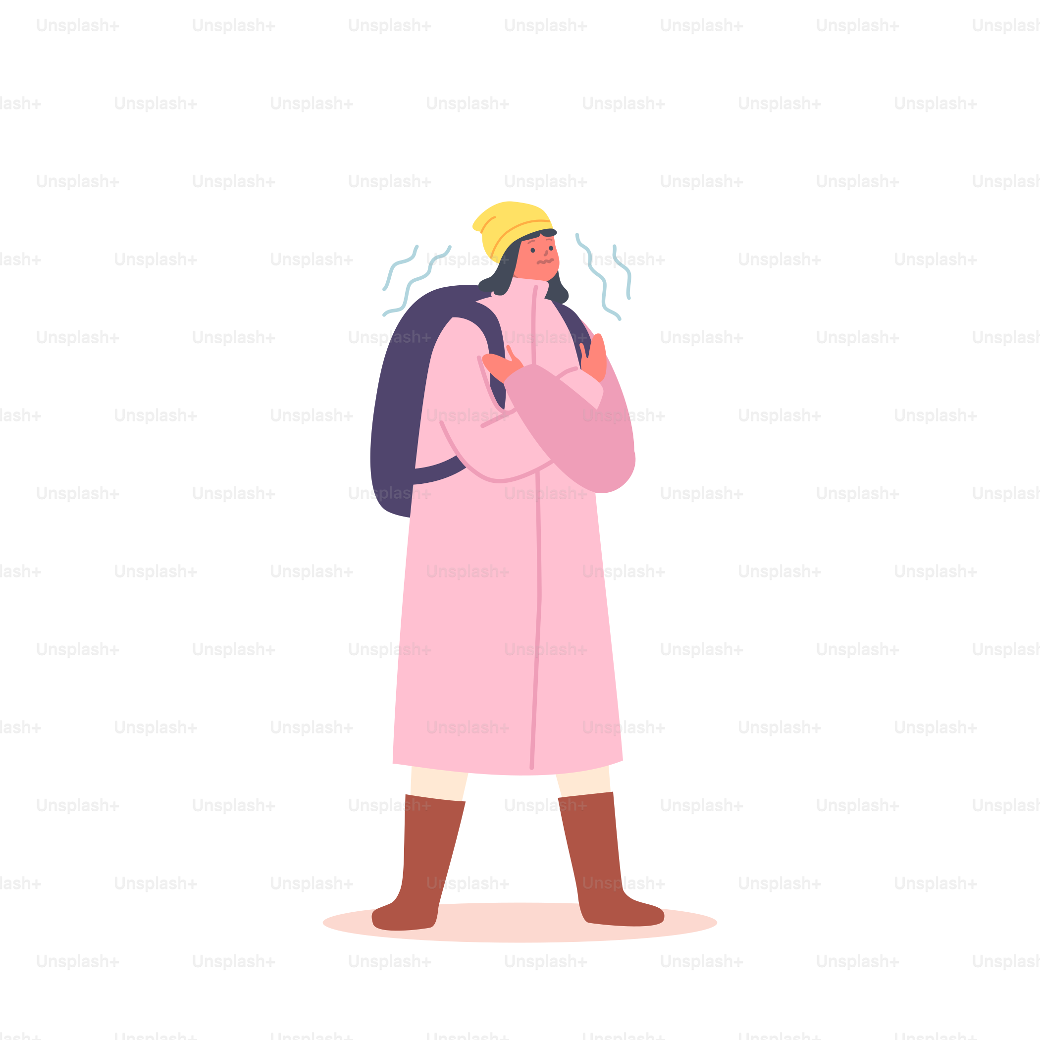 Freezing Schoolgirl Character Wear Warm Coat, Winter Hat and Rucksack Shivering due to Low Degrees Temperature. Girl at Cold Weather Freeze Isolated on White Background. Cartoon Vector Illustration
