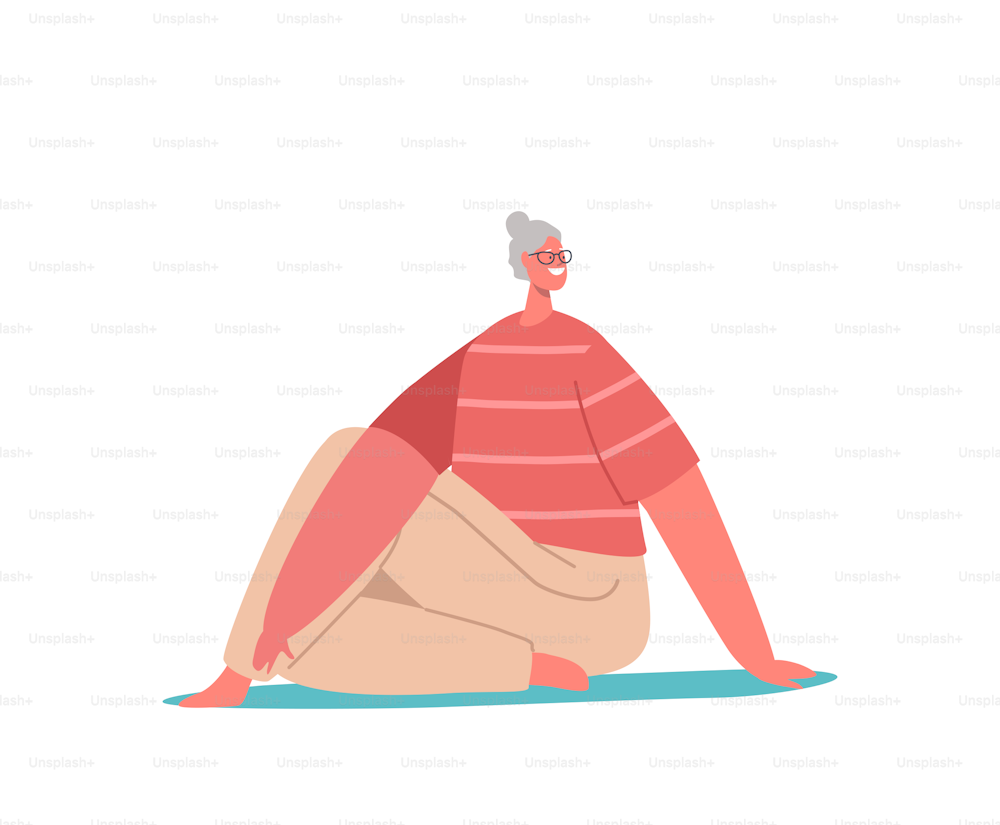 Senior Female Character in Sportswear Engage Yoga Practice Sitting om Mat in Asana Pose Isolated on White Background. Old Woman Workout Training Class, Aerobics. Cartoon People Vector Illustration