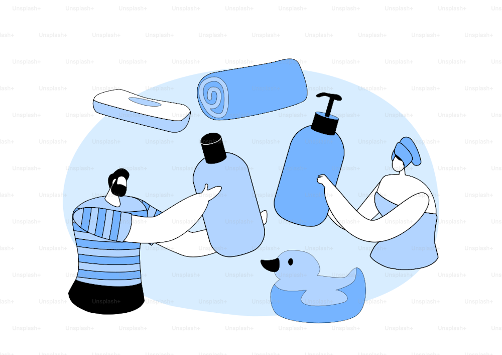 People in Bathroom Concept. Tiny Male and Female Characters Wrapped in Towels Washing, Taking Bath with Huge Cosmetics Bottles, Soap, Shampoo. Spa Hygiene Procedures. Line Art Vector Illustration