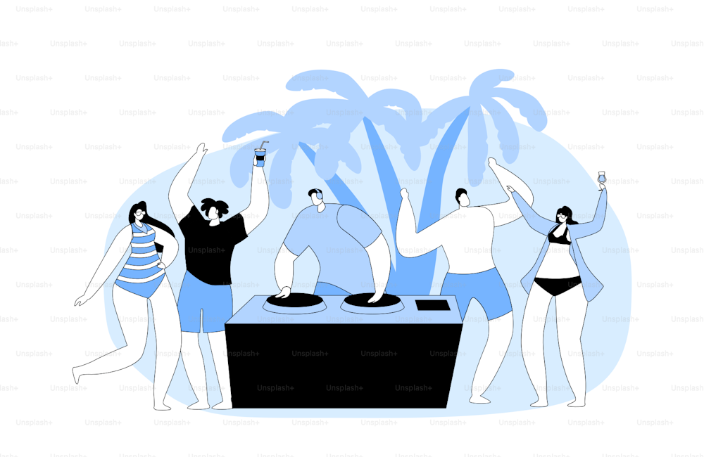Giovani, adolescenti ballano e bevono cocktail in riva al mare durante la festa estiva in spiaggia con DJ che suona musica moderna al Tropical Landscape with Palm Trees. Illustrazione vettoriale lineare