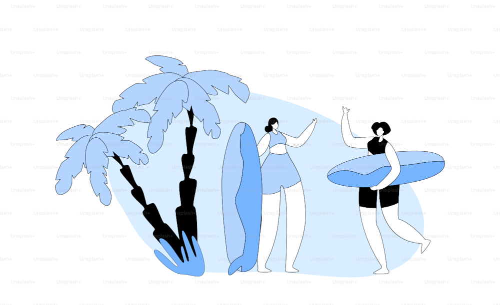 Surf Party on Exotic Seaside Resort. Female Sportswomen with Boards Relax on Sandy Beach. Summertime Leisure, Surfing Sport, Recreation, Summer Sports Activity. Linear Vector Illustration