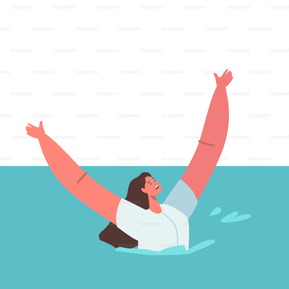 Mujer exhausta tratando de sobrevivir en el océano después del naufragio hundiéndose y agitando las manos pidiendo ayuda. Personaje femenino flotando en agua de mar después de un accidente. Ilustración vectorial de Cartoon People
