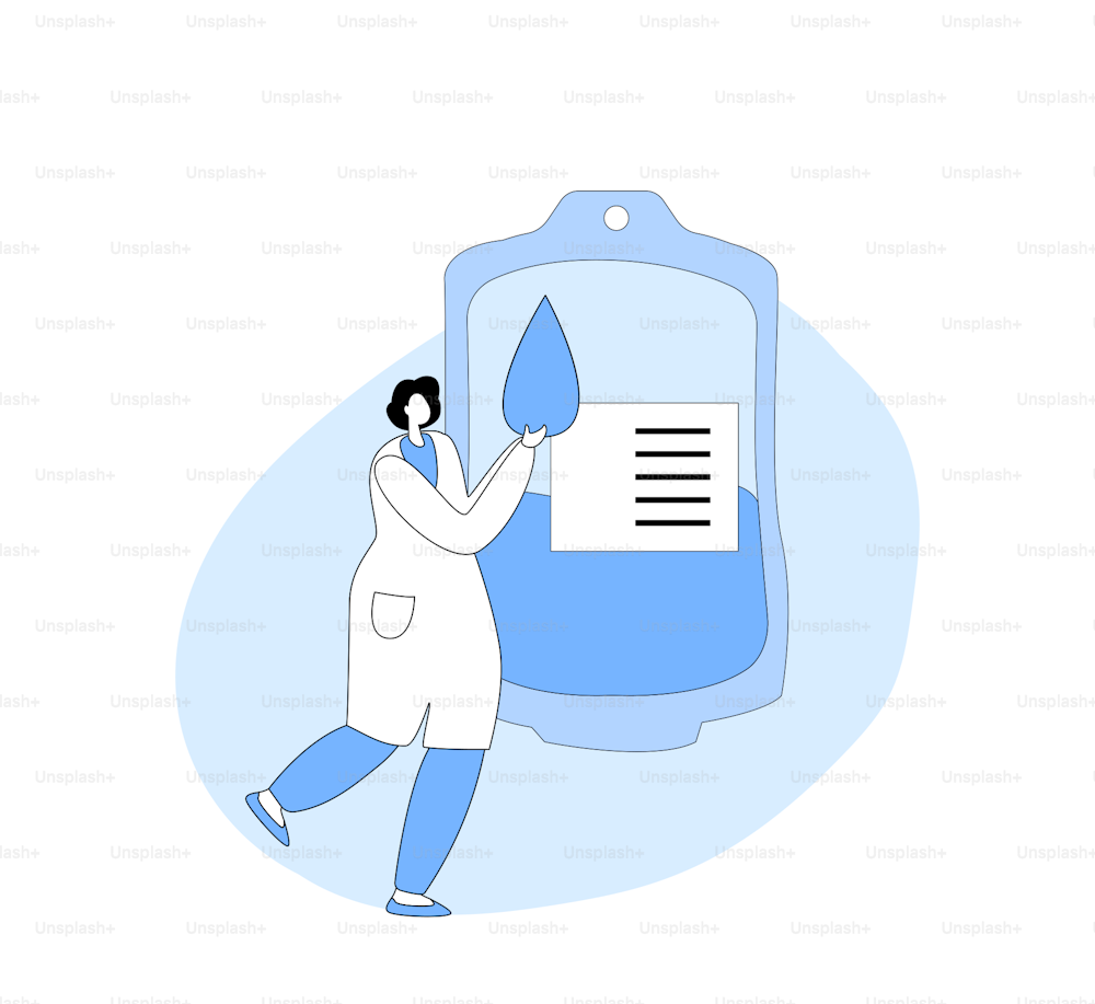 Healthcare, Blood Bank, Donation Charity and Transfusion Concept. Tiny Female Character in Medical Uniform Doctor or Nurses Carry Huge Plastic Bag with Donor Blood. Cartoon Vector Illustration