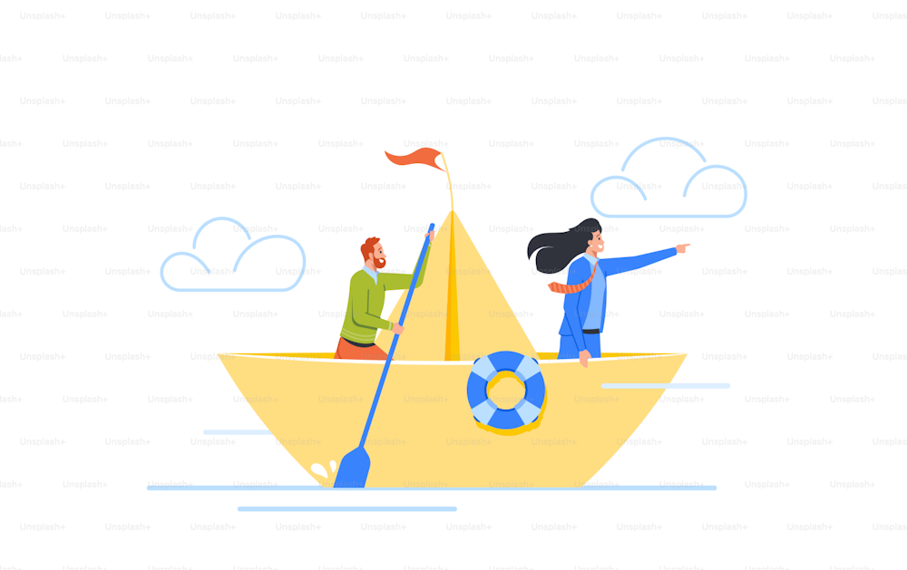 Business People Floating On Paper Boat. Woman Leader Show Direction with Hand, Man Row with Paddle. Way to Success, Investment And Searching For Business Ideas Concept. Cartoon Vector Illustration