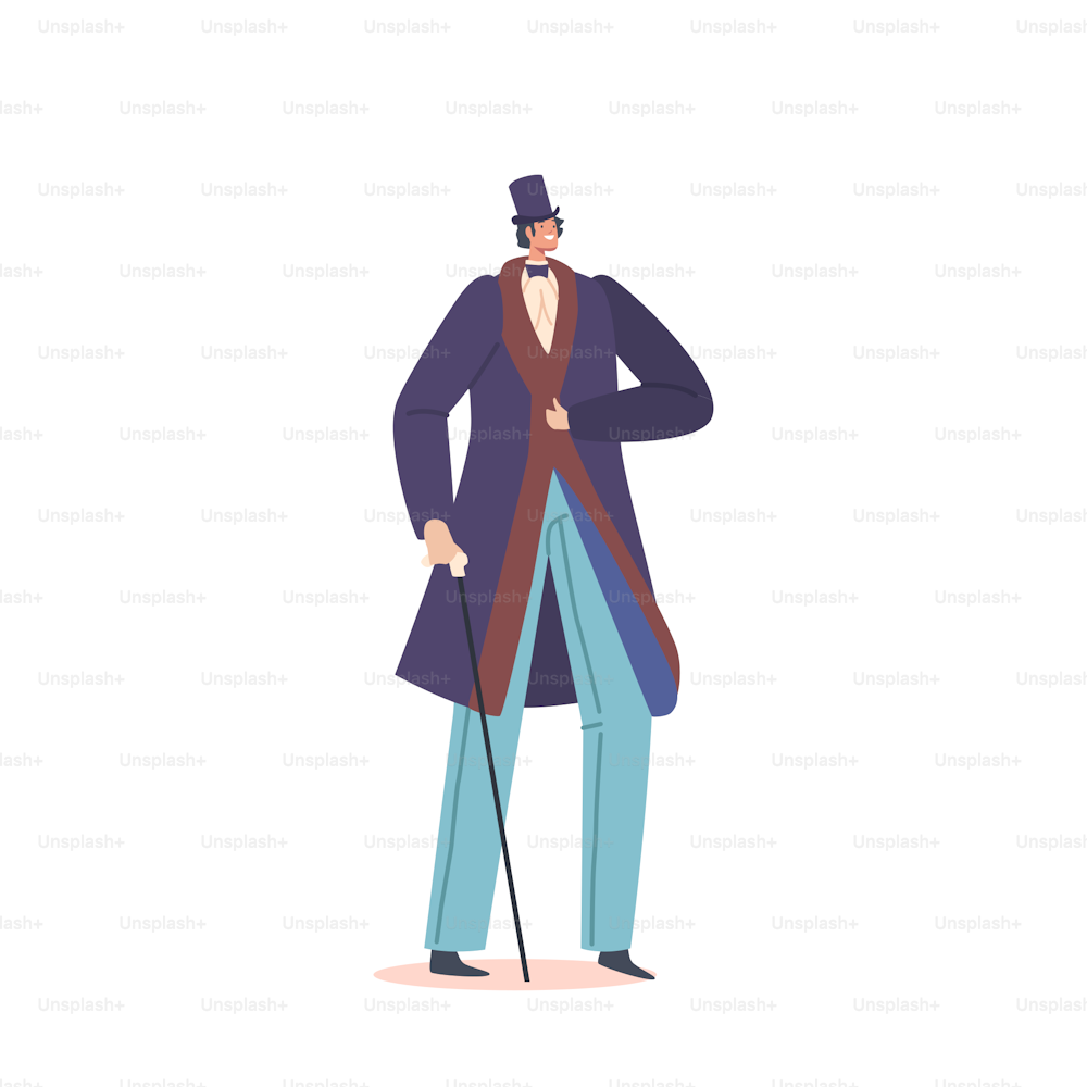 Caballero vintage con sombrero de copa aislado sobre fondo blanco. Personaje masculino en antiguo traje elegante del siglo 19, moda victoriana inglesa, festival de cosplay. Ilustración vectorial de dibujos animados