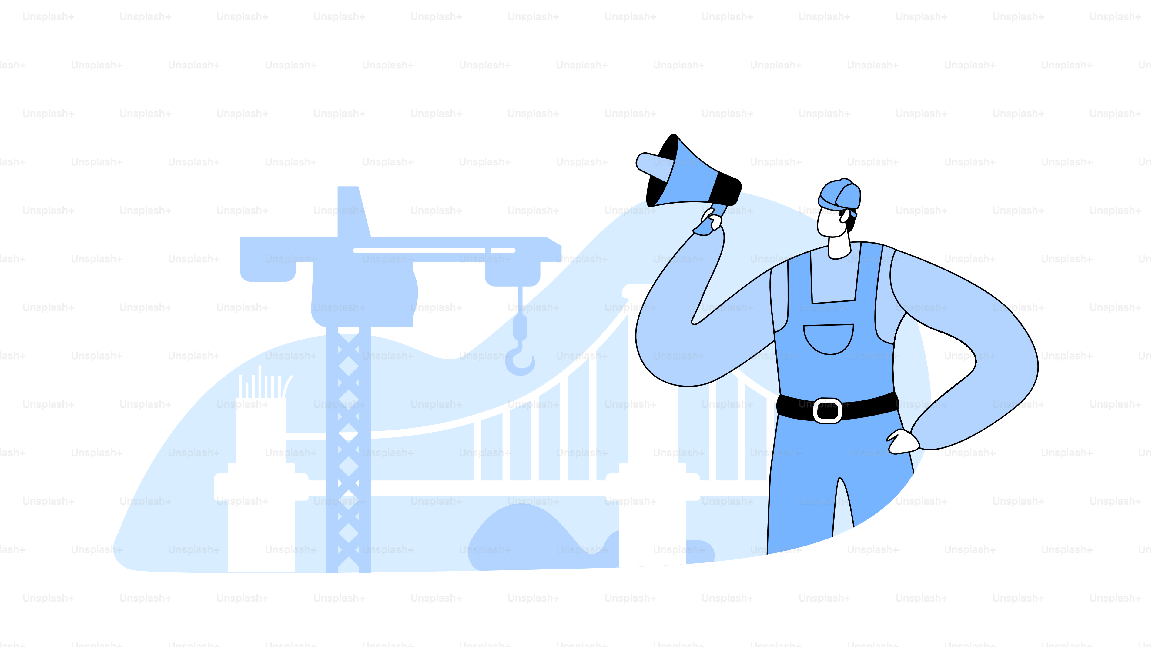Constructor o ingeniero con altavoz Gestión del proceso de construcción de puentes con grúa de construcción. Empleado Capataz Trabajador Arquitectura de Proyectos con Máquina de Construcción. Ilustración vectorial plana de arte lineal