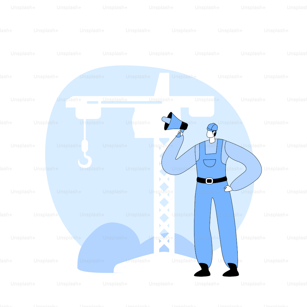 Builder Male Character Wearing Helmet and Uniform Holding Loudspeaker Manage House Building Work Process. Foreman Engineer at Construction Site with Megaphone. Line Art Flat Vector Illustration