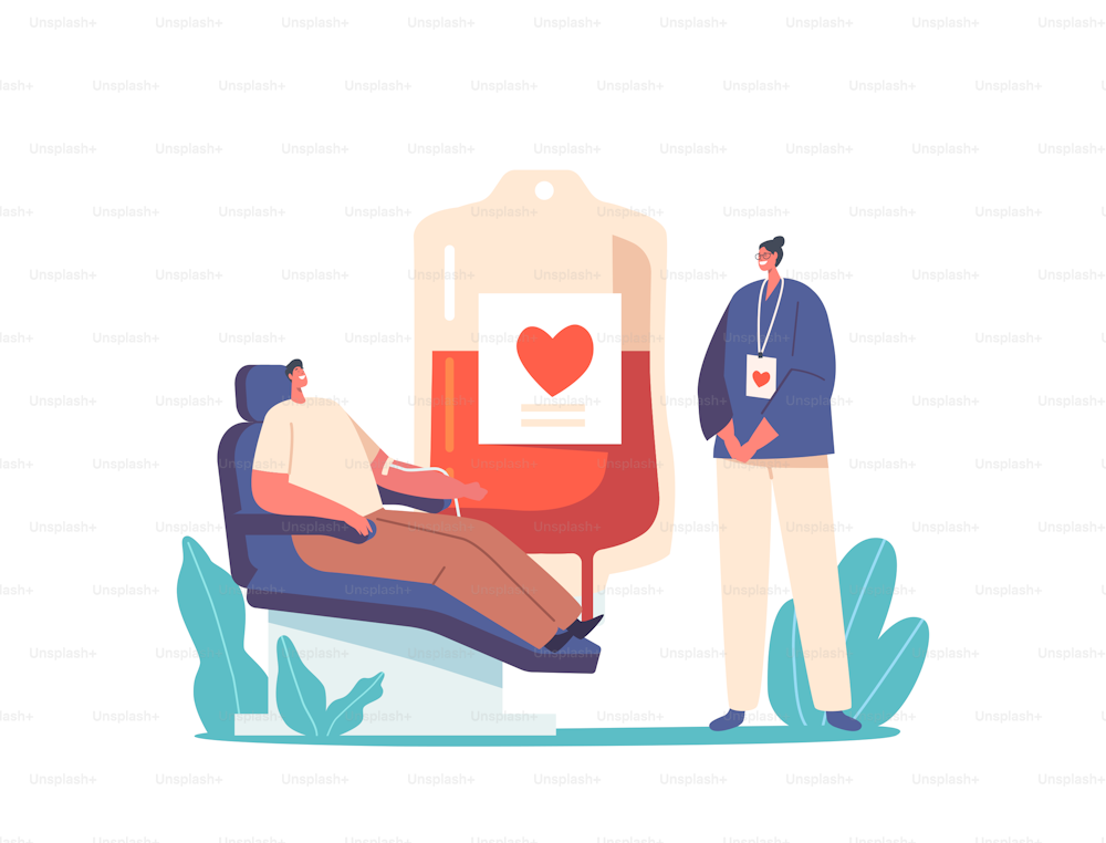 Blood Donation, Healthcare Charity, Lifeblood Transfusion Concept. Female Nurse Character Receiving Blood from Male Donor Sitting in Medical Chair in Laboratory. Cartoon People Vector Illustration