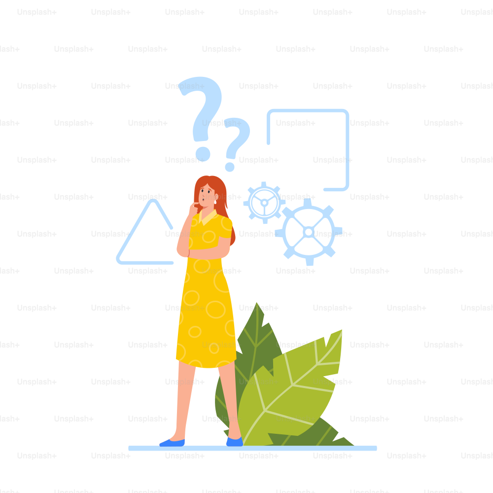 Female Character with Critical Thinking, Woman with Geometrical Shapes, Cogwheels and Question Mark over Head. Businesswoman, Analytic Searching Solution, Think. Cartoon People Vector Illustration