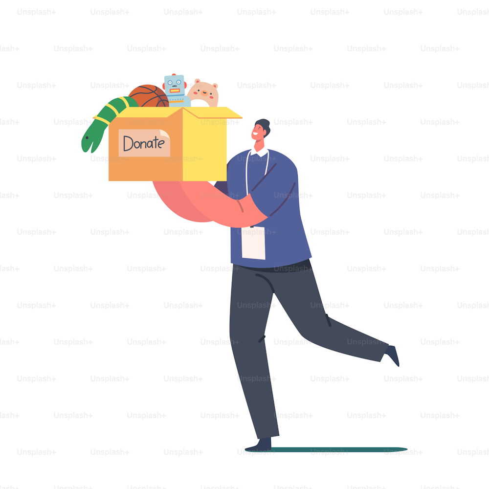 Volunteer with Donation Humanitarian Aid. Man Carry Box with Donating Toys. Charity Organization Help People in Troubles and Poor Families with Kids and Finance Problems. Cartoon Vector Illustration