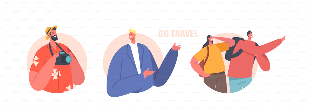 Tourists Man and Woman Backpackers and Guide Isolated Icons or Avatars. Travelers Hiking Adventure Vacation Trip. Characters Walking Route, Hike Outdoors Activity. Cartoon People Vector Illustration