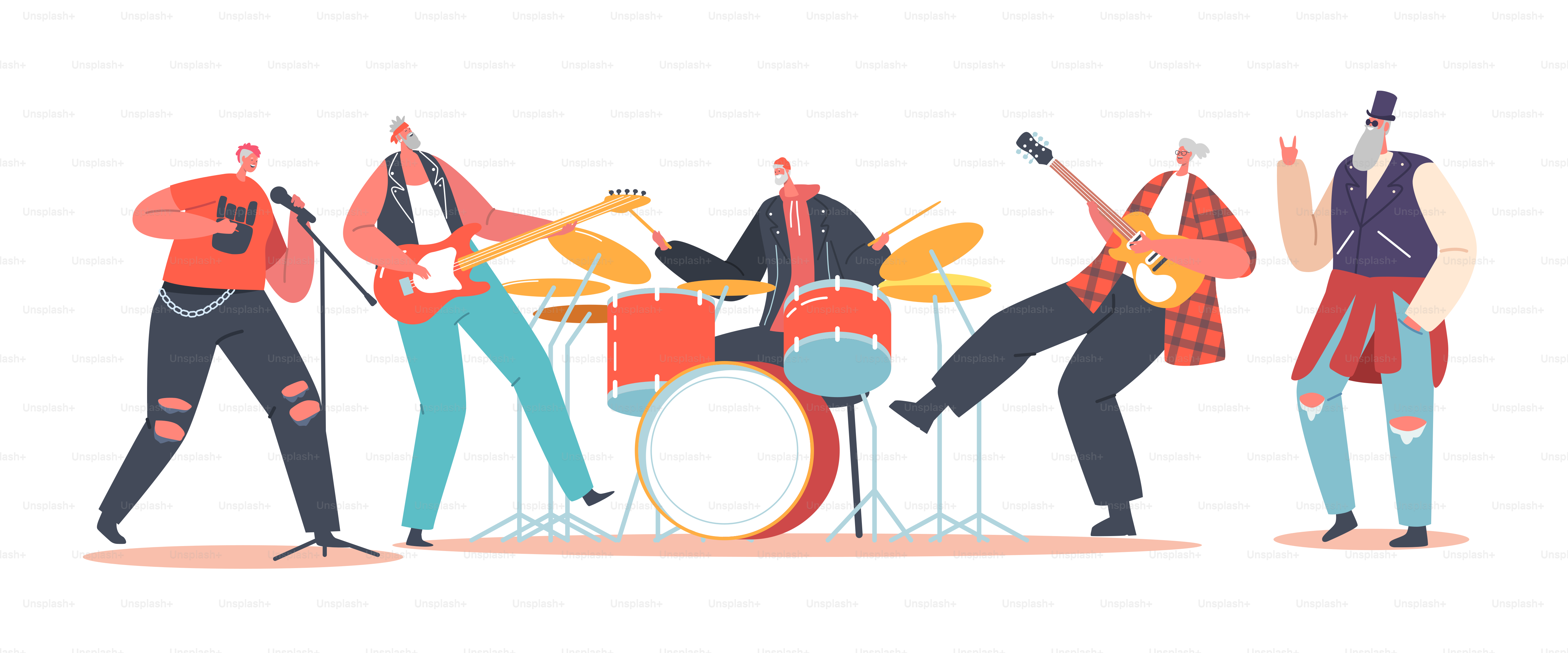 Seniors Rock Band Performing on Stage with Electric Guitars and Drum, Pensioners Music Concert. Old Artists Characters in Rocking Outfit with Musical Instruments. Cartoon People Vector Illustration