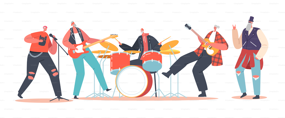 Seniors Rock Band Performing on Stage with Electric Guitars and Drum, Pensioners Music Concert. Old Artists Characters in Rocking Outfit with Musical Instruments. Cartoon People Vector Illustration