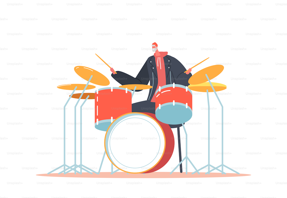 Excited Senior Drummer Playing Hard Rock Music with Sticks on Drum Kit. Old Musician Character Perform on Stage with Percussion Instrument. Music Show Entertainment. Cartoon People Vector Illustration