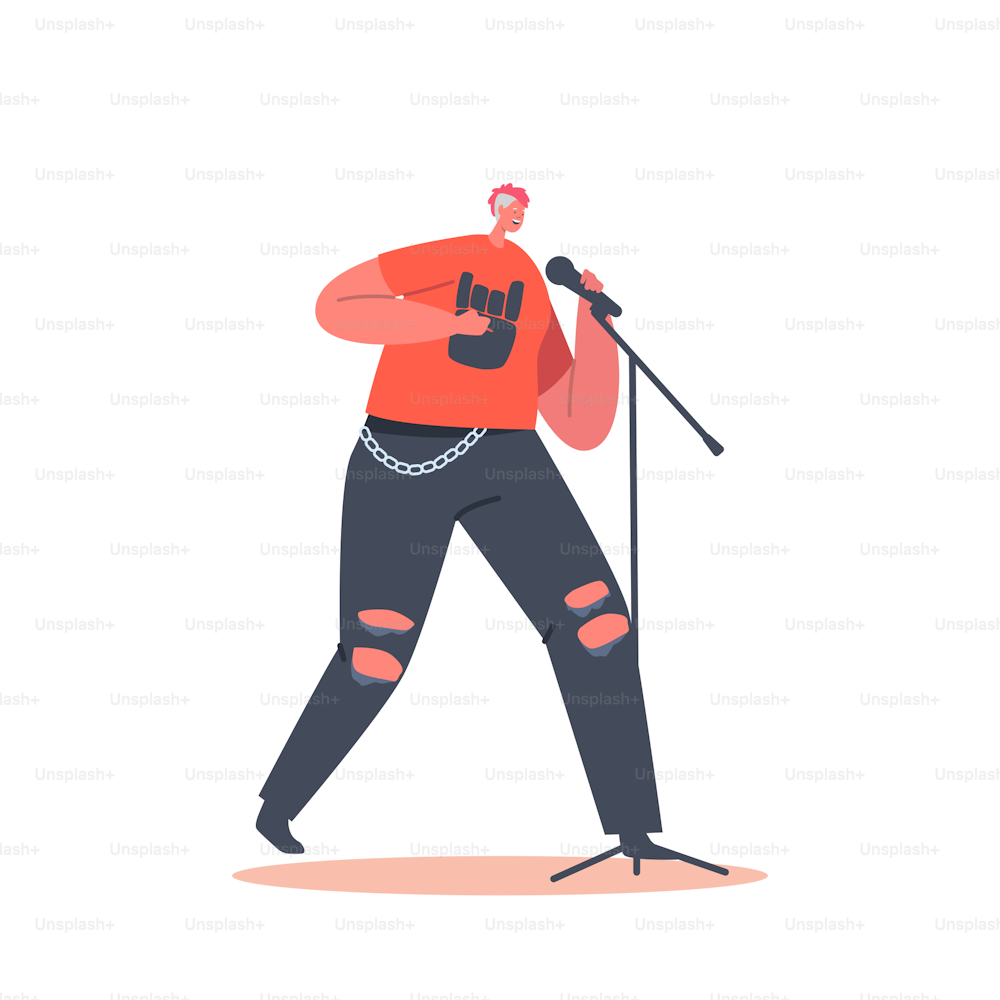 Old Woman with Punk Hairstyle and Rock Outfit Sing on Stage with Microphone. Modern Pensioner Music Band, Karaoke or Night Club. Senior Vocalist Female Character. Cartoon People Vector Illustration