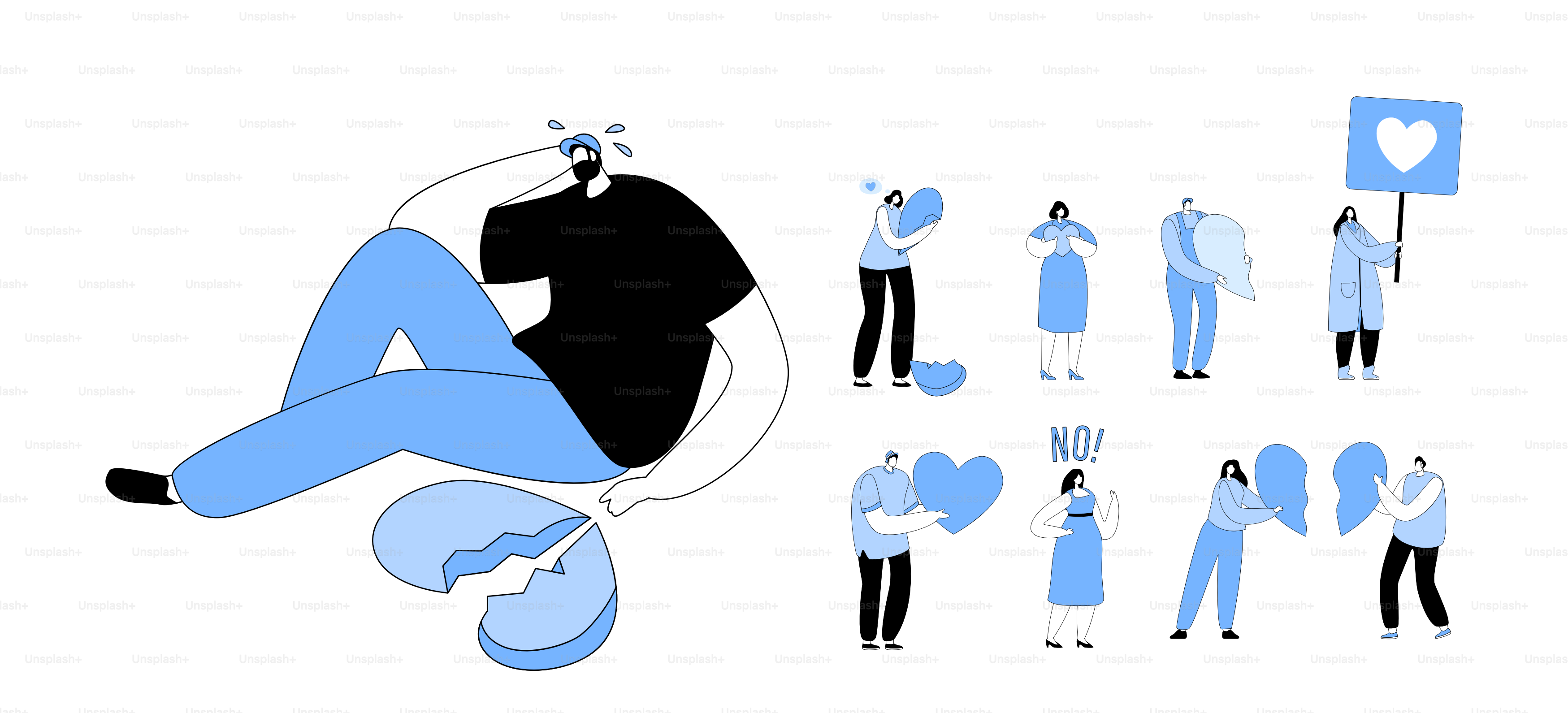 Set of Characters with Broken Heart. Depressed Heartbroken Man Sitting on Ground and Crying. End of Love and Toxic Relations, Family Divorce and Separation Concept. Cartoon People Vector Illustration