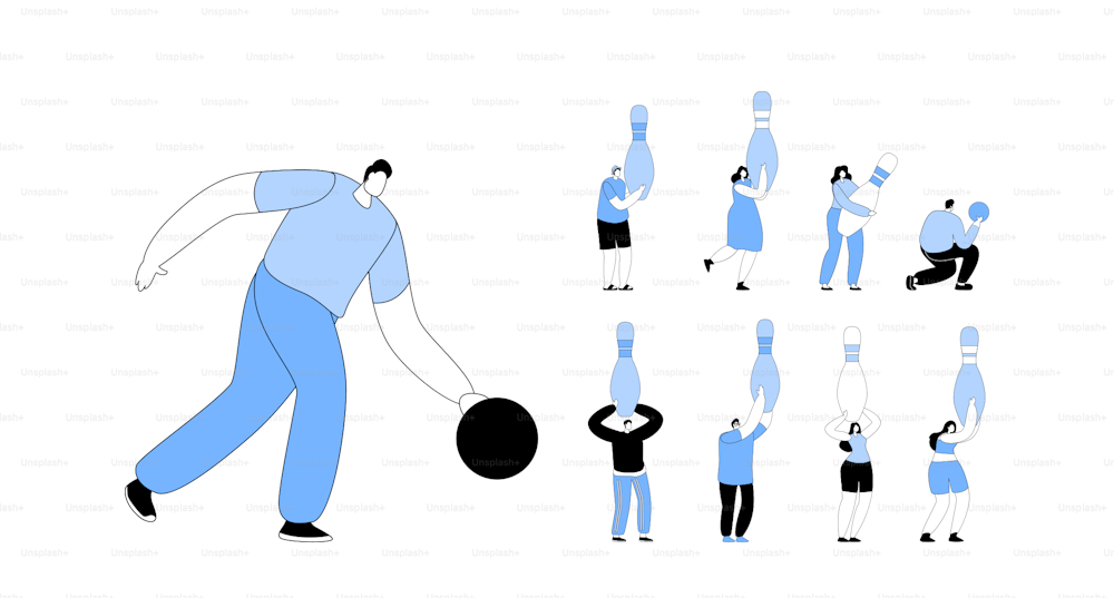 Set Characters Playing Bowling, Man Throw Ball on Alley, Tiny People Holding Huge Pins. Leisure, Active Lifestyle, Friends Spend Time Together on Weekend, Sparetime. Cartoon People Vector Illustration