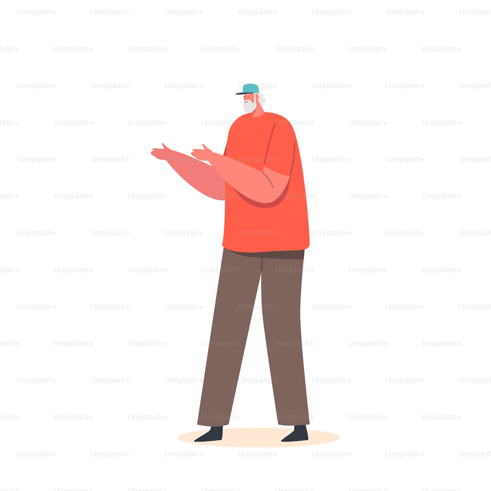 Elderly Grey Haired Male Character Wear Red T-shirt, Pants and Cap Isolated on White Background. Senior Man, Aged Grandfather, Pensioner Senility, Old Ages Concept. Cartoon People Vector Illustration
