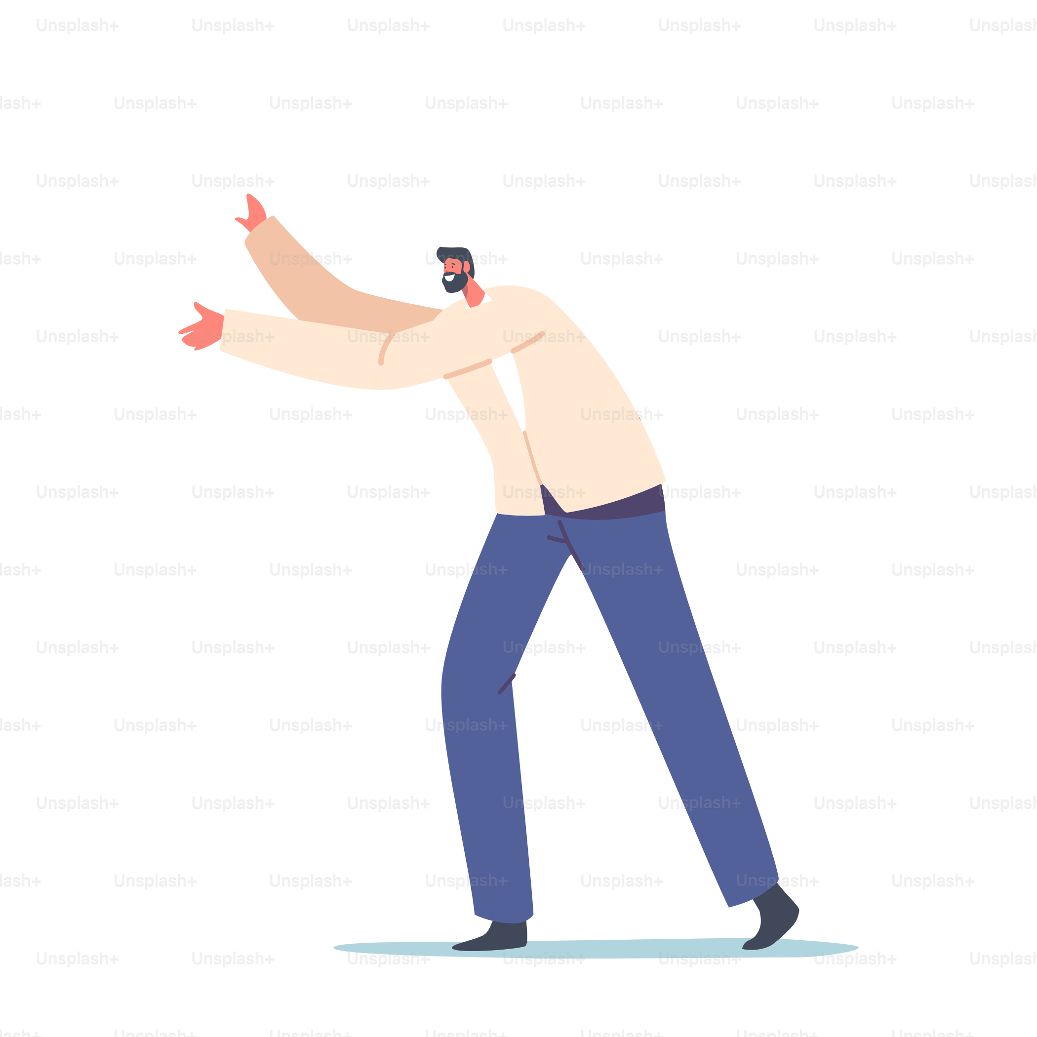 Bearded Single Male Character Gesturing with Hands, Solving Problem Searching Solution Isolated on White Background. Mature Man Wear White Blazer and Blue Jeans. Cartoon People Vector Illustration