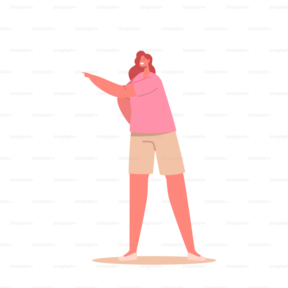 Stilvolle Frau in Mode-Outfits rosa T-Shirt und beige Shorts gestikuliert mit den Händen. Junge rothaarige weibliche Figur in moderner Sommer-Freizeitkleidung. Cartoon-Vektor-Illustration