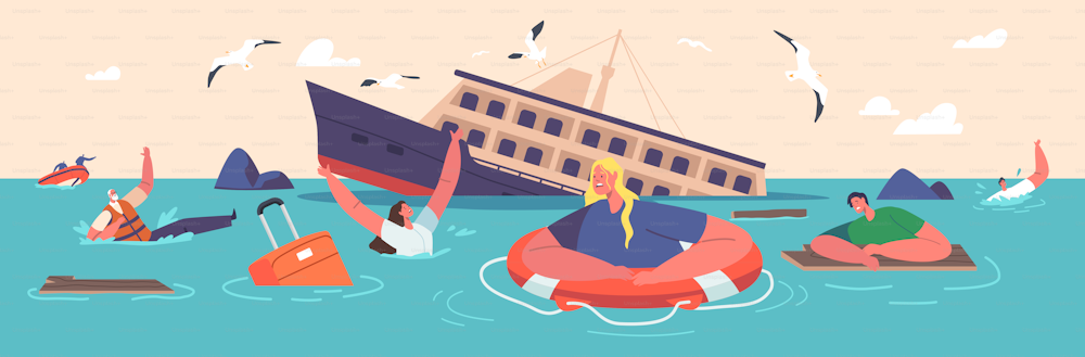Shipwreck Concept. Shocked People Trying to Survive in Ocean with Sinking Ship and Scatter Floating Debris on Water Surface. Characters in Sea Accident, Catastrophe. Cartoon Vector Illustration