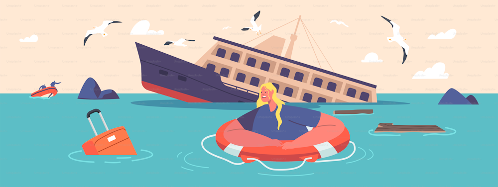 Shocked Woman Swim on Lifebuoy Trying to Survive in Ocean after Shipwreck. Female Character in Sea with Sinking Ship and Debris Floating on Water. Accident Concept. Cartoon People Vector Illustration