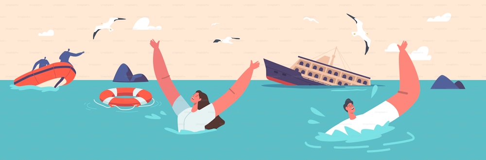 Sea Accident, Shipwreck Catastrophe Concept. Shocked People Waving Hands to Take Attraction of Rescuers. Characters Trying to Survive in Ocean with Sinking Ship. Cartoon Vector Illustration