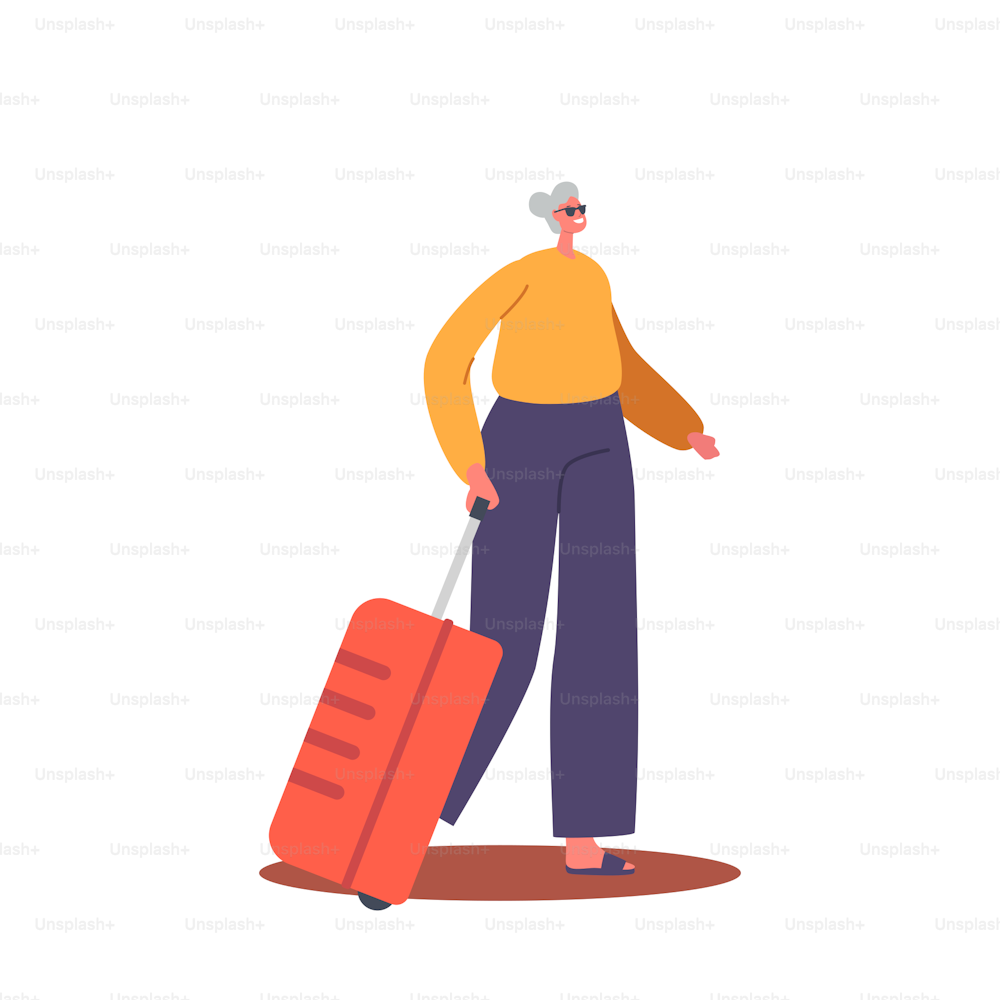 Elderly Woman Traveling with Luggage. Senior Tourist Female Character Trip in Foreign Country, Aged Pensioner Lady Voyage, Outdoor Activity, Journey, Resort. Cartoon People Vector Illustration