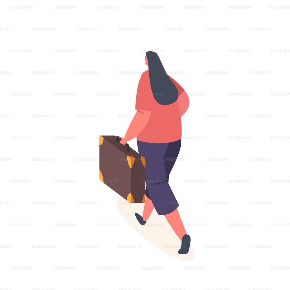 Female Tourist Character with Luggage Rear View. Woman Walking with Suitcase in Hand. Trip, Travel, Boarding on Airplane. Girl Passenger Traveler Go to Aircraft. Cartoon Vector Illustration