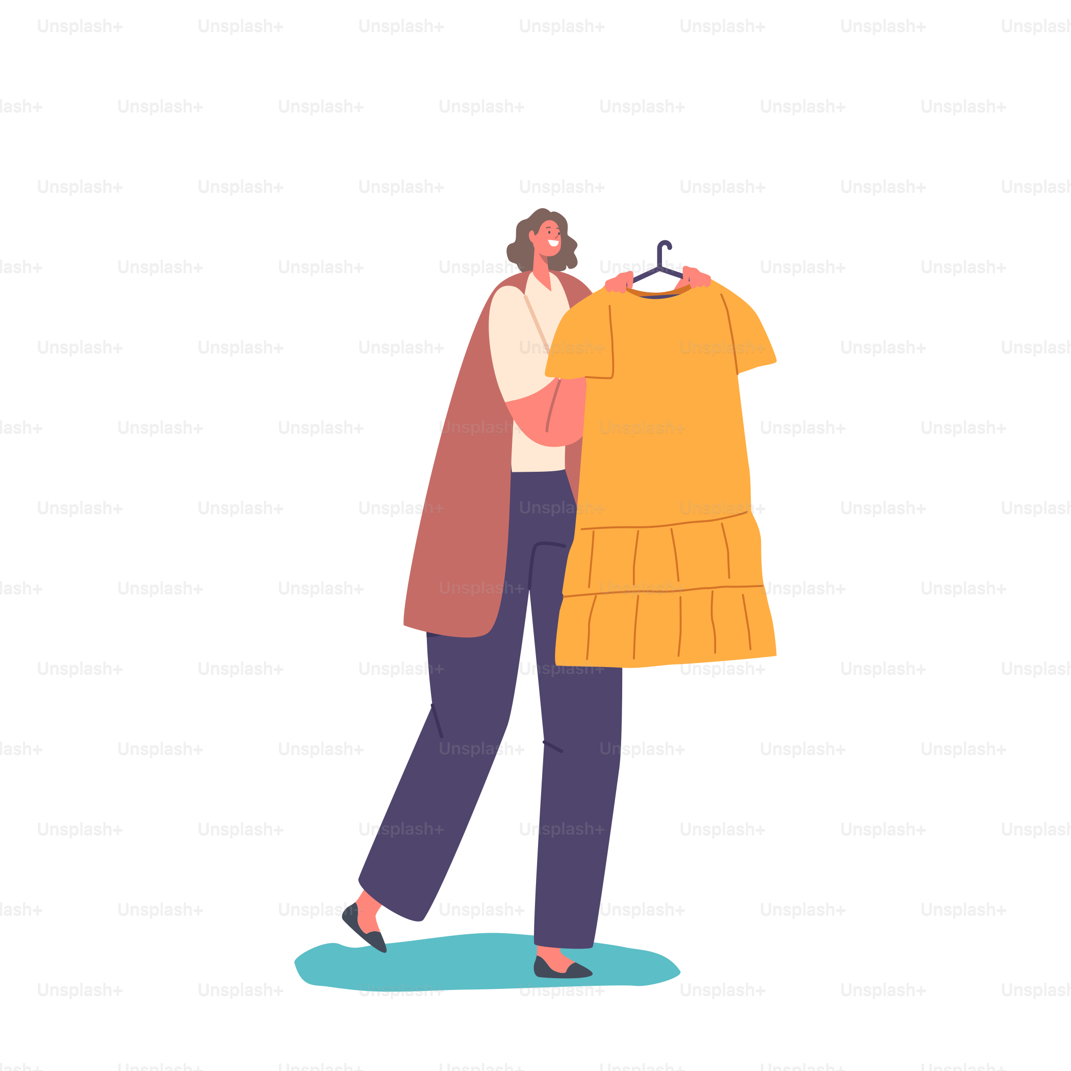 Female Character Holding Hanger with Dress Isolated on White Background. Woman Try on, Buying or Donate Clothes, Summer Fashion, New Apparel Collection. Cartoon People Vector Illustration