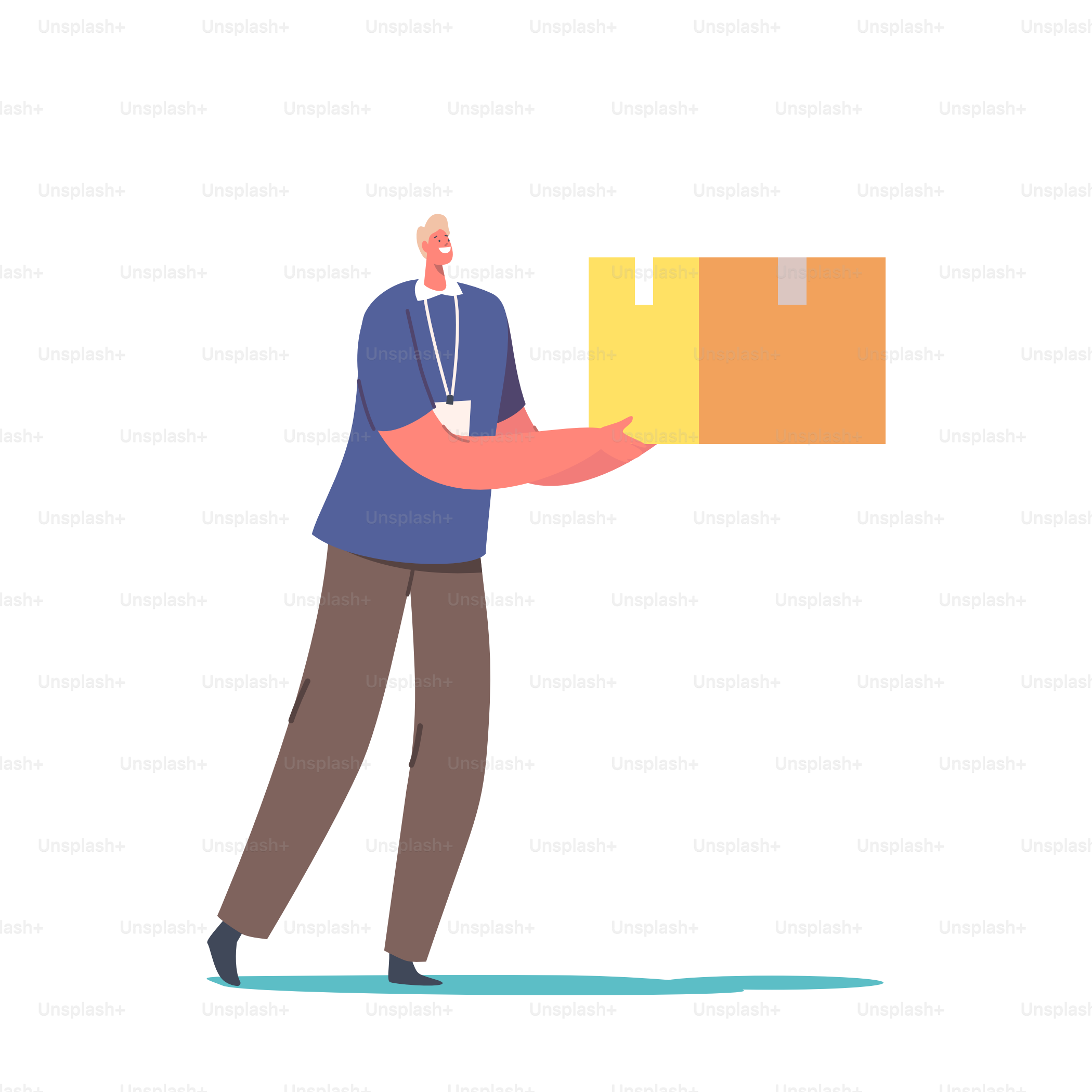 Voluntario con Donación Ayuda Humanitaria. Hombre lleva caja con donaciones de cosas. Organización de caridad ayuda a personas en problemas y familias pobres con problemas financieros. Ilustración vectorial de dibujos animados