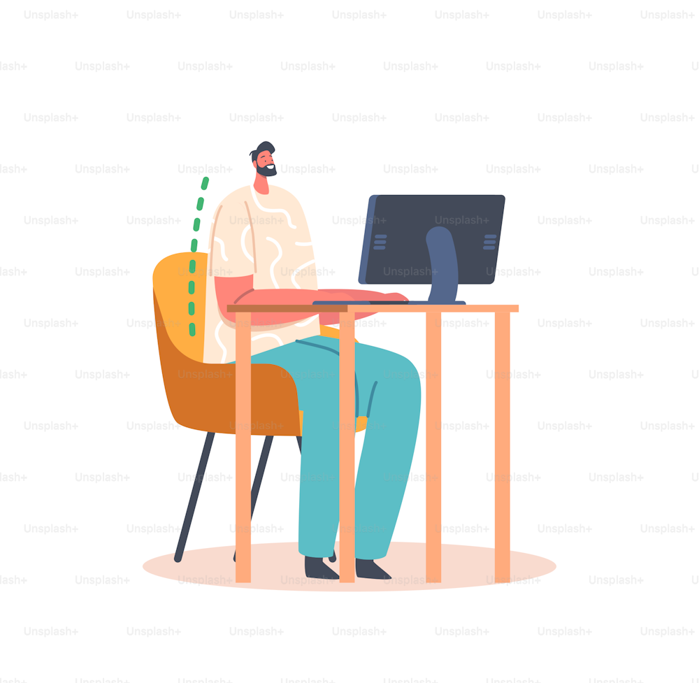 Male Character Correct Sitting Position during Working at Computer. Man Worker with Straight Back Sit at Table With Monitor, Spinal Health, Good Spine Pose Concept. Cartoon People Vector Illustration