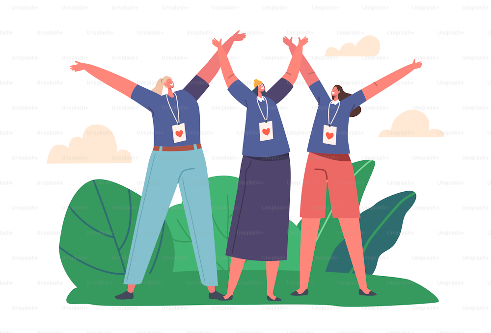 Joyful Volunteers Team Smiling with Hands Up. Happy Group Of Young Female Characters with Social Charity or Donation Service Community Badges Rejoice Together. Cartoon People Vector Illustration