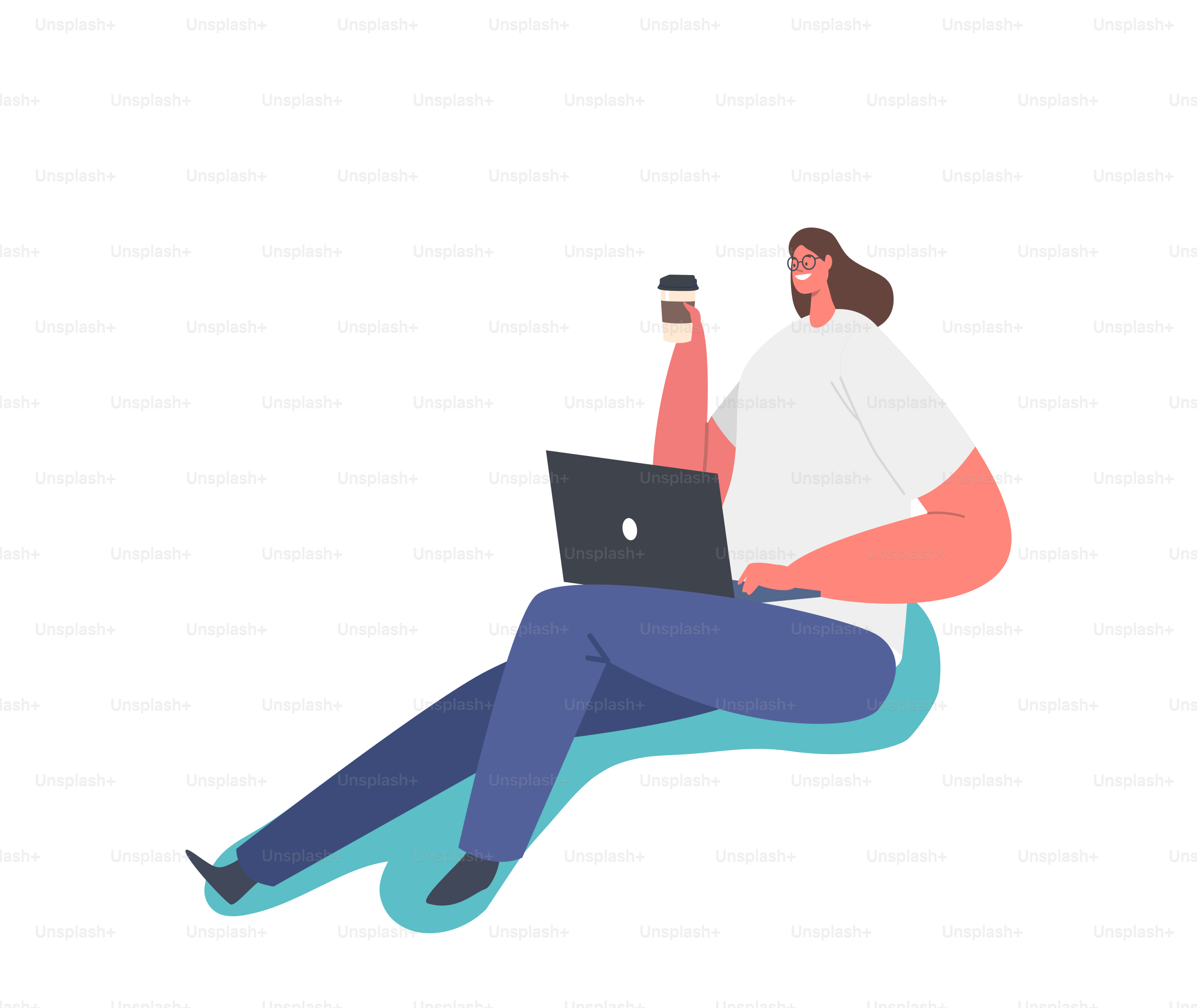 Female Character Work on Laptop with Cup of Coffee in Hand Isolated on White Background. Woman Freelancer Work on Computer, Watch Movie, Distance Education, Communication. Cartoon Vector Illustration