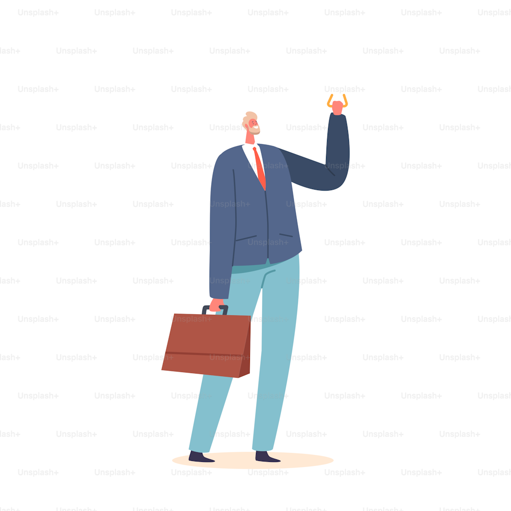 Business Man with Briefcase Holding Handle in Public Transport Isolated on White Background. Male Character Stand in Metro or Bus Commuter, Dweller Riding at Work. Cartoon People Vector Illustration