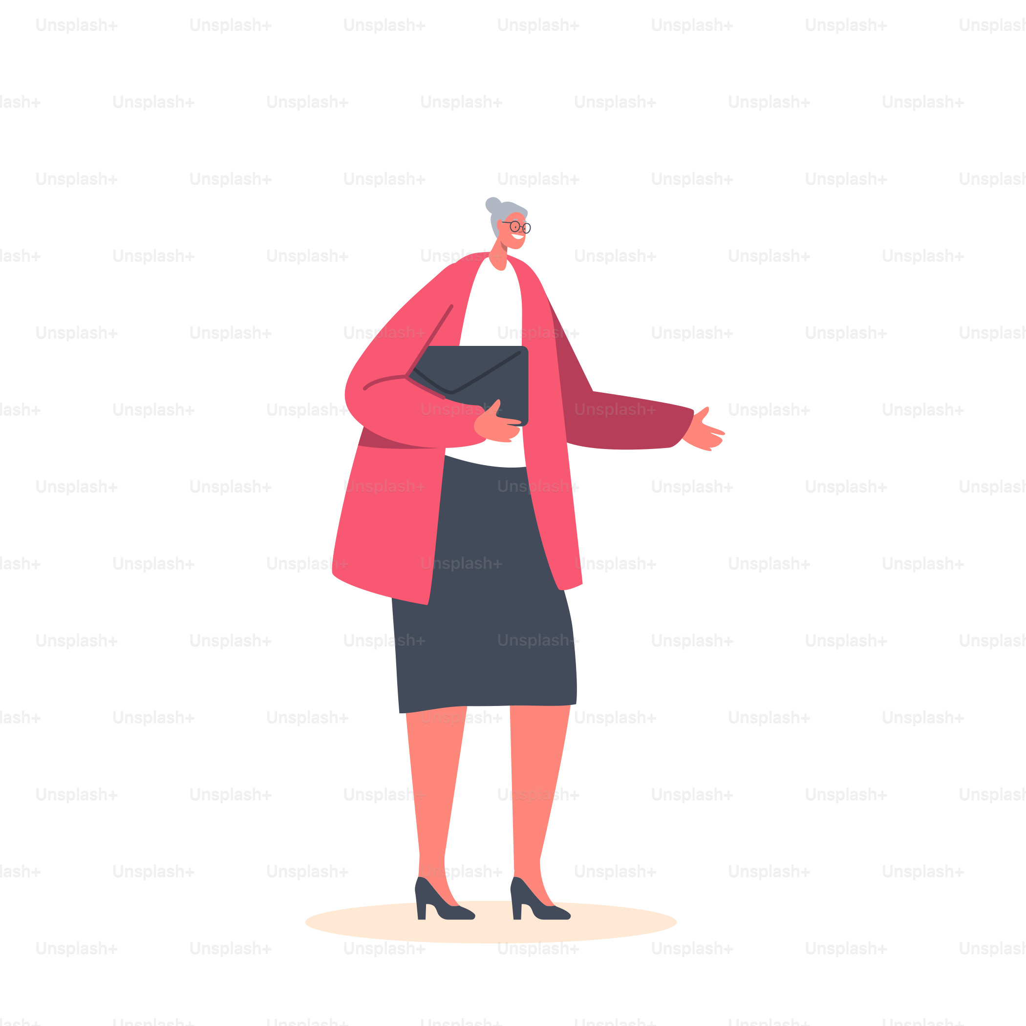 Alleinstehende weibliche Seniorin trägt eine gestrickte Jacke und hält Handtasche isoliert auf weißem Hintergrund. Reife, positive Frau, Großmutter, glückliche Person mit lächelndem Gesicht. Cartoon People Vektorillustration