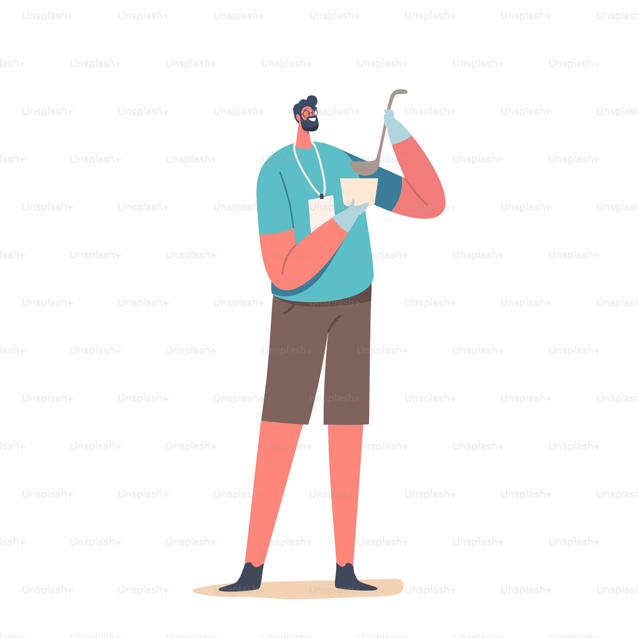 Voluntario sirviendo comida a personas sin hogar aisladas por origen  blanco. Joven con insignia de caridad sosteniendo un cucharón sirviendo  comida caliente a mendigos. Refugio de Vivienda de Emergencia. Ilustración  vectorial de, image size:3000x3000